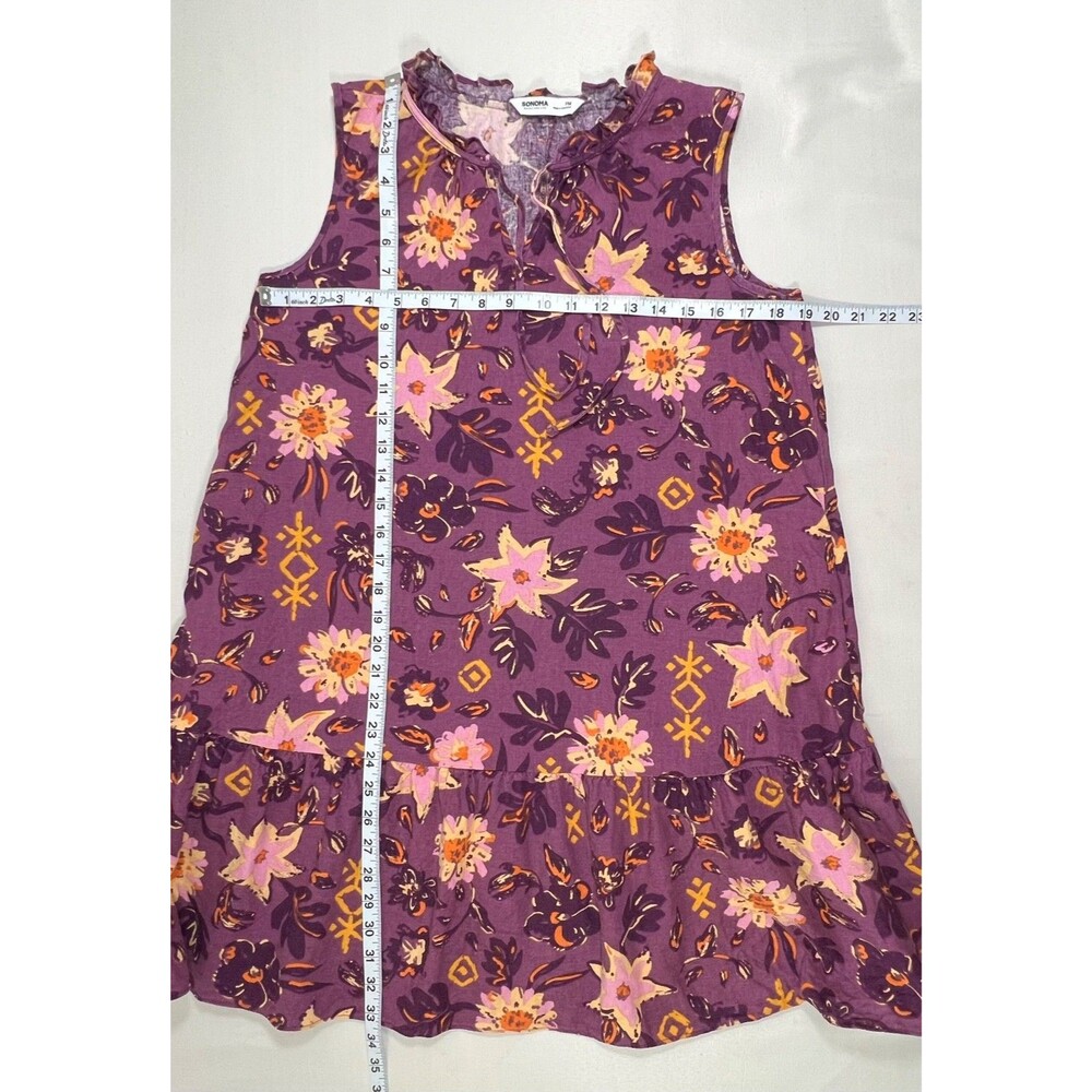 Sonoma PM Sleeveless Floral Tiered Mini Swing Dress Purple Yellow Boho Tie Neck - Picture 6 of 6